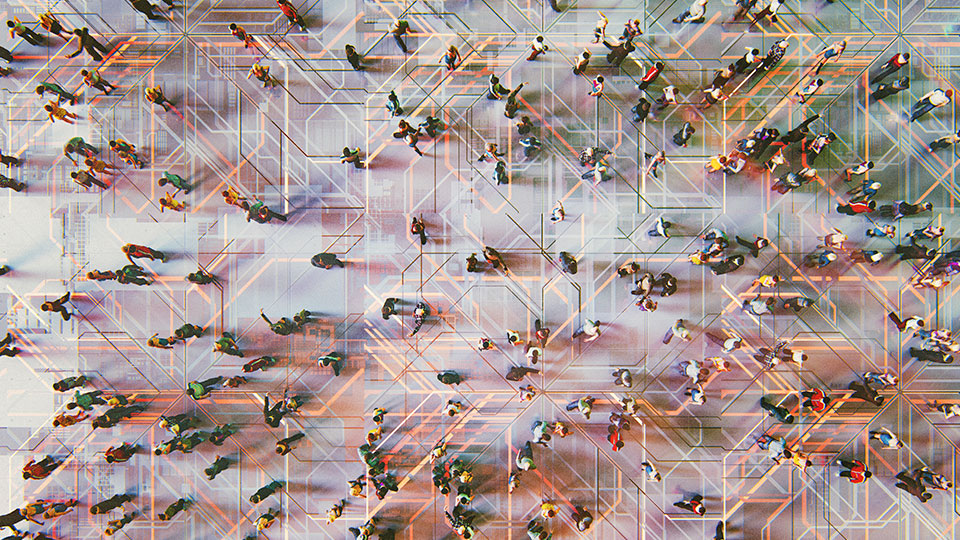 An overhead view of people walking through an abstracted geometric grid